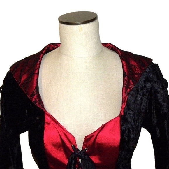 90s Crushed Velvet Black and Red Goth Dress With Lace Bell Sleeves - Picture 2 of 5